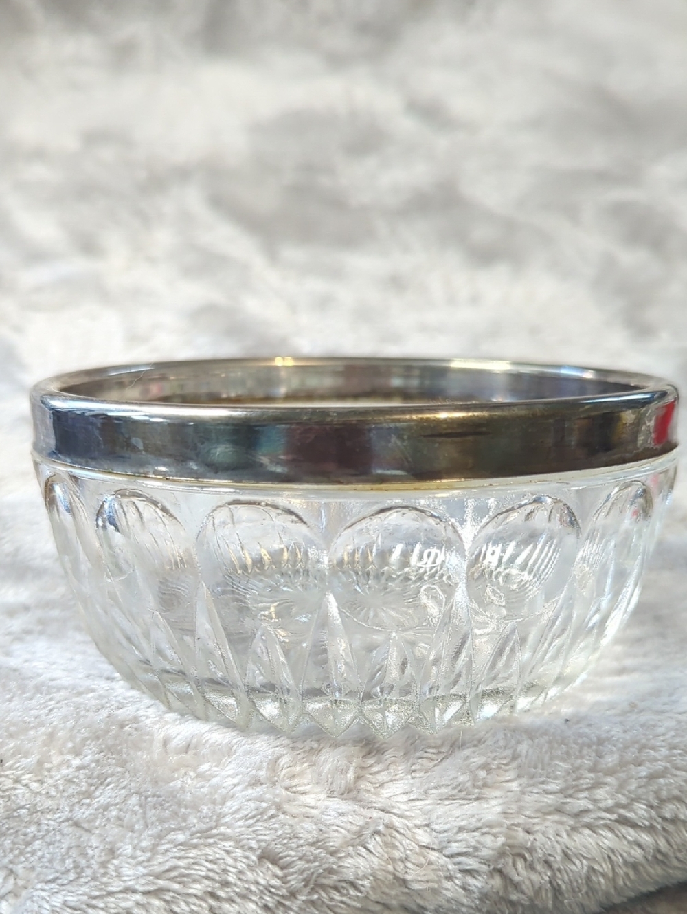 Vintage Glass Crystal Thumbprint Bowl w/Silver Plated Rim and 5” Made in Italy